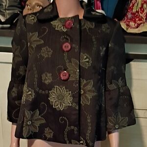 Trevan Chic Black Floral Blazer with Red Buttons